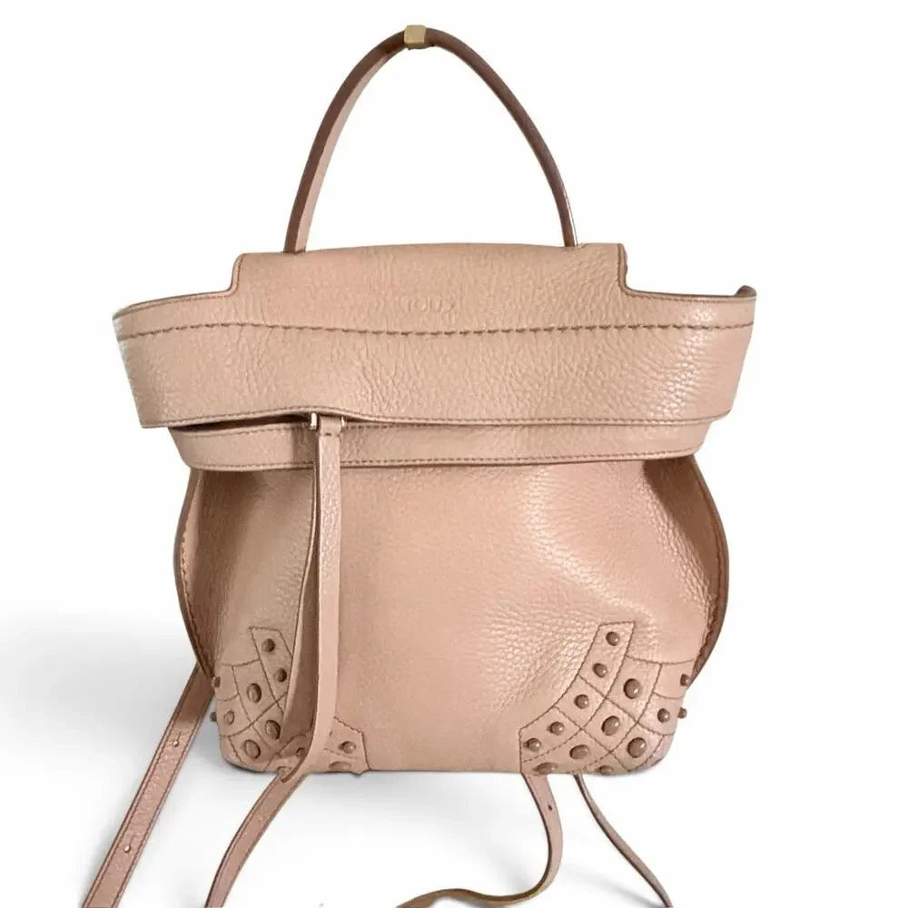 Tod's Wave Bag Mini Studded Blush Pink Leather Convertible Satchel w/ COA